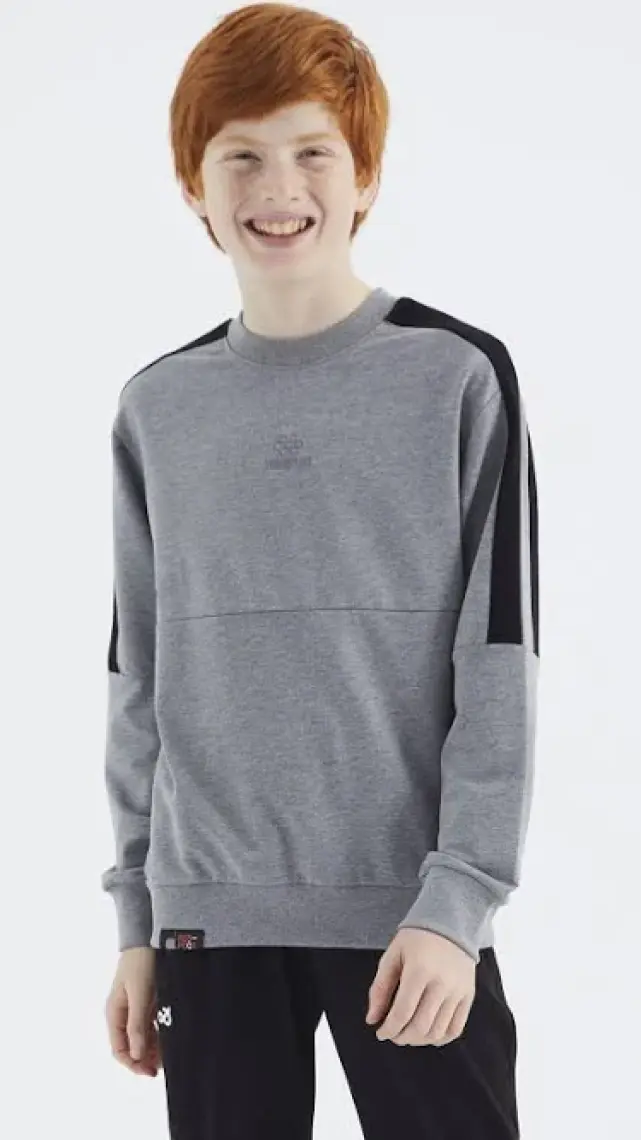 Tommy Life Gri Melanj Basic O Yaka Erkek Çocuk Sweatshirt - 11182