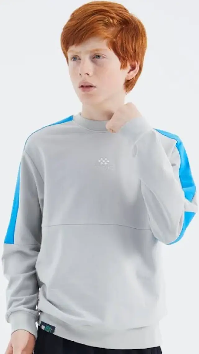 Tommy Life Gri Melanj Basic O Yaka Erkek Çocuk Sweatshirt - 11182
