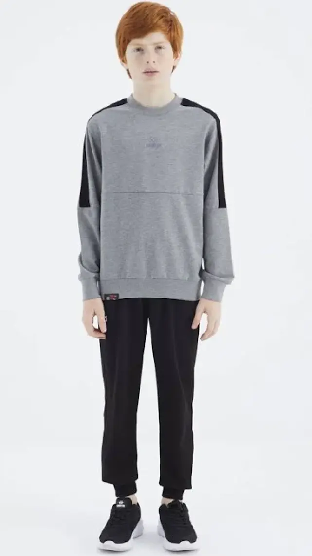 Tommy Life Gri Melanj Basic O Yaka Erkek Çocuk Sweatshirt - 11182