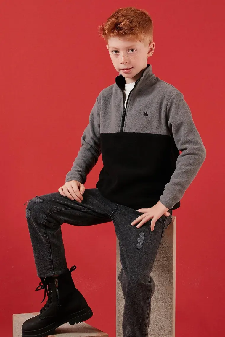 Lela Yumuşak Dokulu Yarım Fermuarlı Renk Bloklu Dik Yaka Polar Unisex Çocuk Polar 5905004