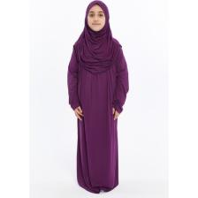 Pratik Tek Parça Organik Kız Çocuk Namaz Elbisesi - Mor - 5-7 Yaş