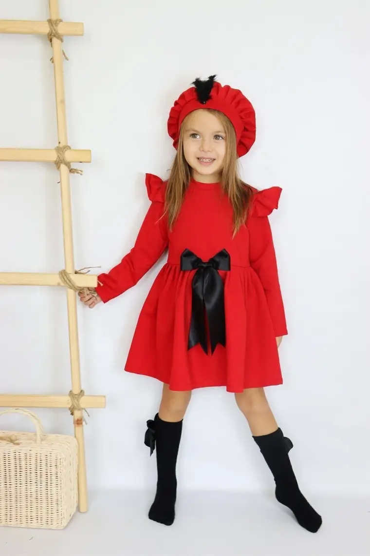 Parla Kids Kız Çocuk Kırmızı Sofia Pamuklu Fiyonk Detaylı Elbise Kep Abiye Takım