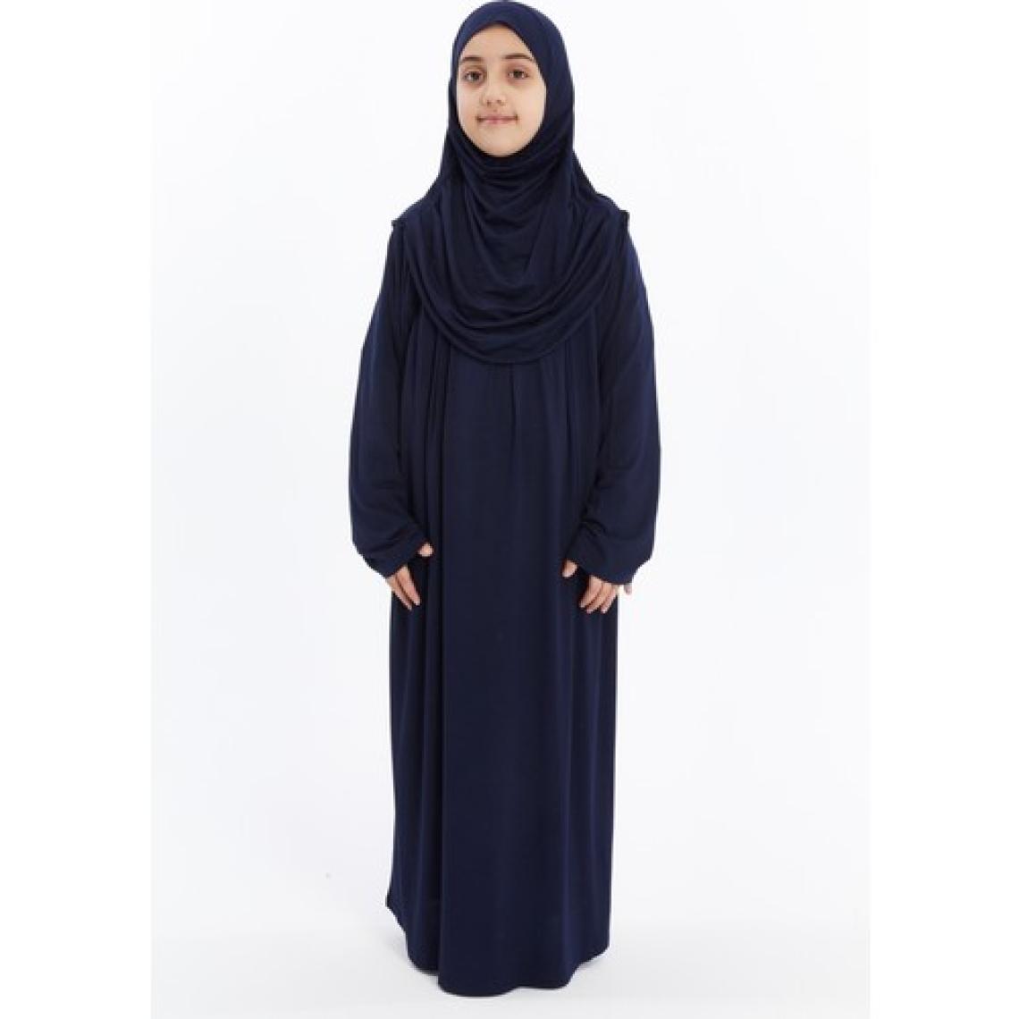 Pratik Tek Parça Organik Kız Çocuk Namaz Elbisesi - Lacivert - 8-10 Yaş