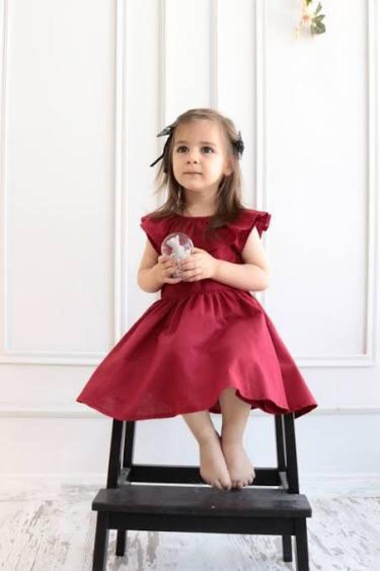 Parla Kids Kız Çocuk Bordo Cherry Fiyonklu Fırfırlı Keten Elbise Toka Takım