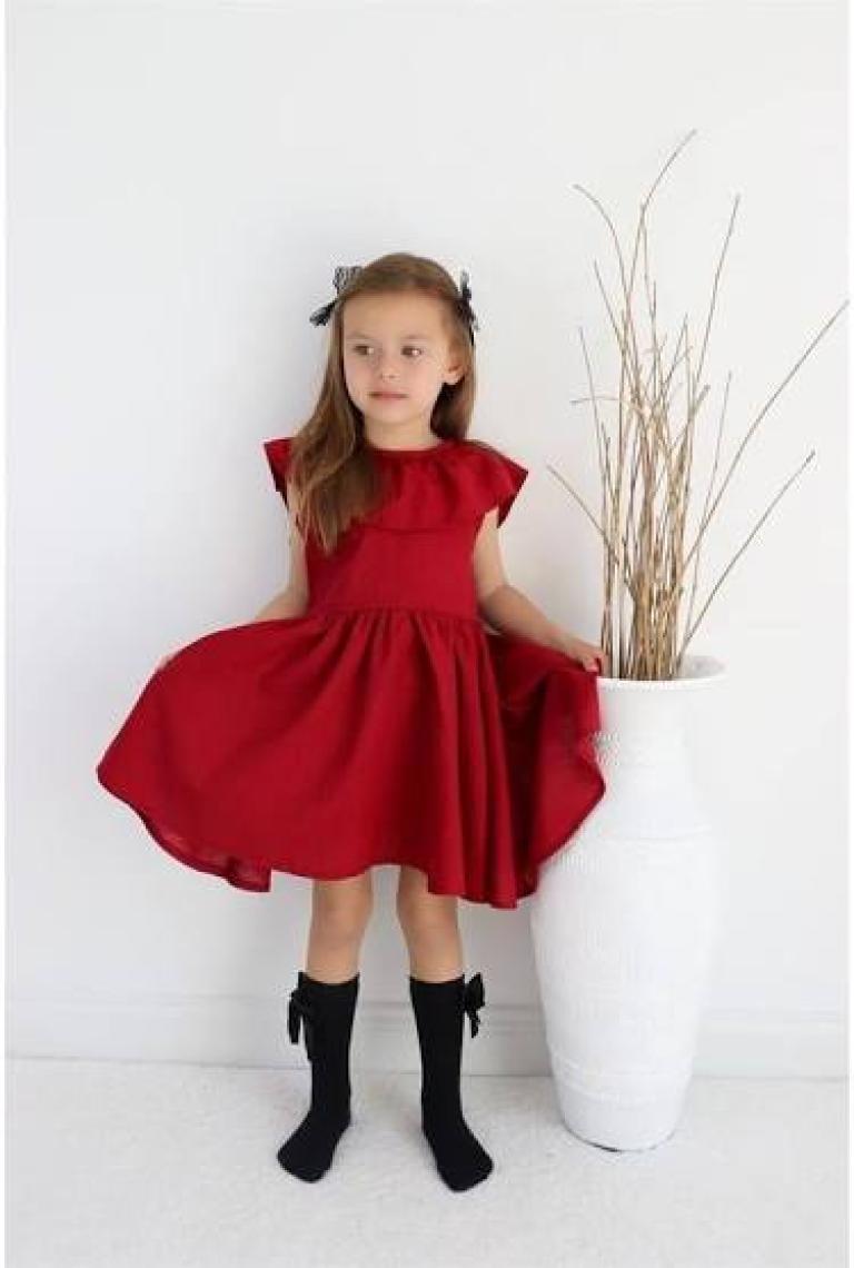 Parla Kids Kız Çocuk Bordo Cherry Fiyonklu Fırfırlı Keten Elbise Toka Takım