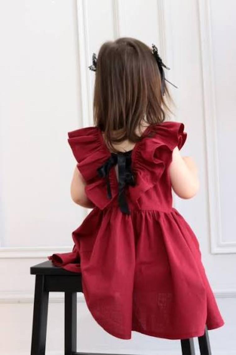 Parla Kids Kız Çocuk Bordo Cherry Fiyonklu Fırfırlı Keten Elbise Toka Takım