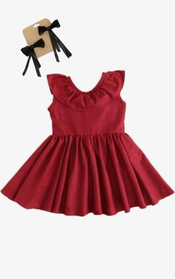 Parla Kids Kız Çocuk Bordo Cherry Fiyonklu Fırfırlı Keten Elbise Toka Takım