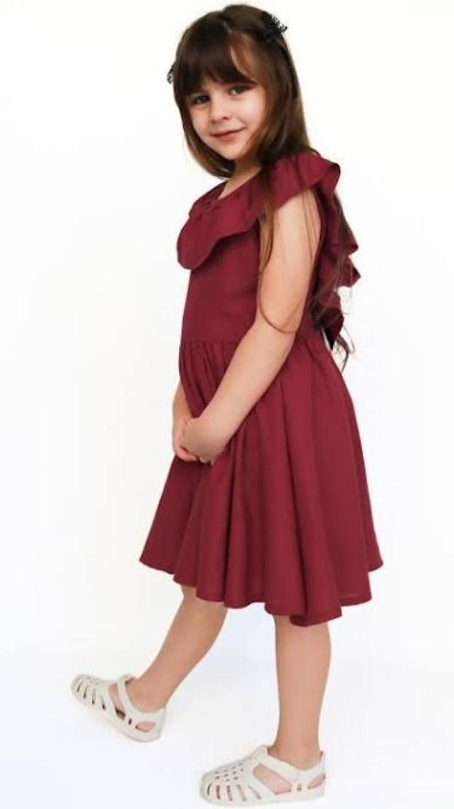 Parla Kids Kız Çocuk Bordo Cherry Fiyonklu Fırfırlı Keten Elbise Toka Takım