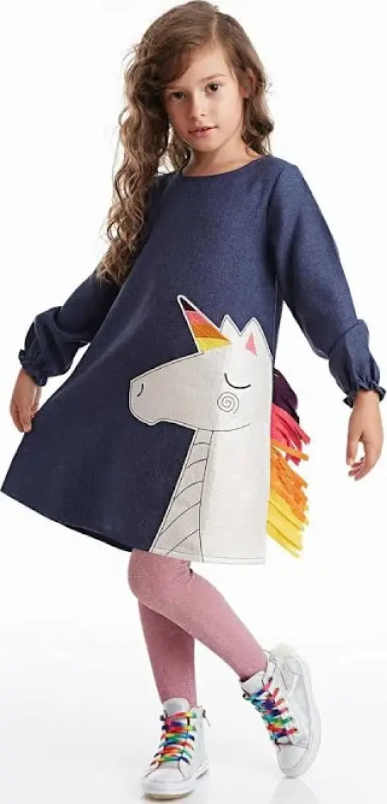 Denokids Renkli Unicorn Kız Çocuk Dokuma Elbise