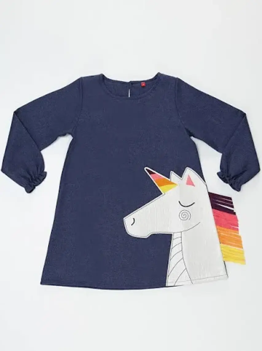 Denokids Renkli Unicorn Kız Çocuk Dokuma Elbise