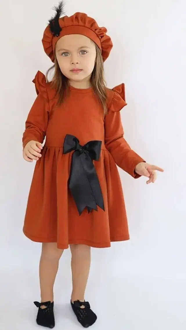 Parla Kids Kız Çocuk Tarçın Sofia Pamuklu Fiyonk Detaylı Elbise Kep Abiye Takım