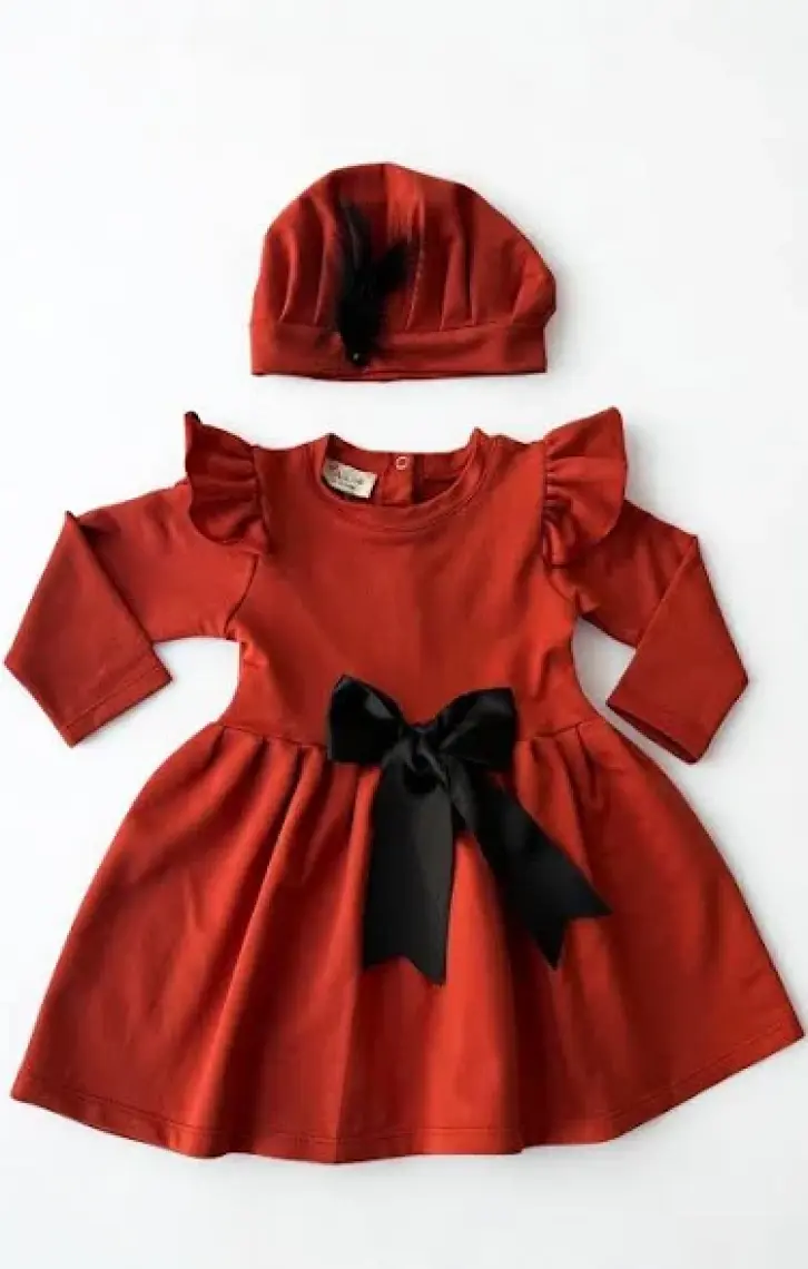 Parla Kids Kız Çocuk Tarçın Sofia Pamuklu Fiyonk Detaylı Elbise Kep Abiye Takım