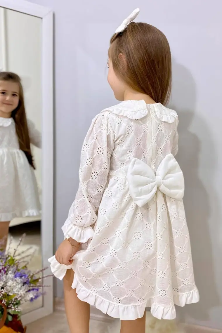 Le Mabelle Beyaz Uzun Kollu Fisto Yaka Detaylı Kız Çocuk Elbise - Jesicca