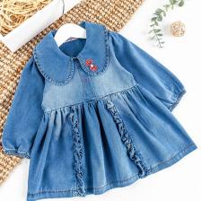Bebe Yakalı Fiyonklu Denim Kız Bebek Elbise Kot Elbise
