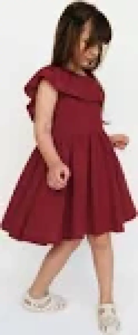 Parla Kids Kız Çocuk Bordo Cherry Fiyonklu Fırfırlı Keten Elbise Toka Takım