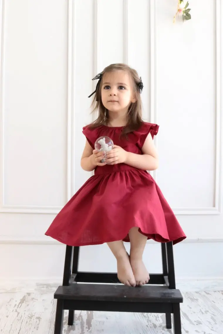 Parla Kids Kız Çocuk Bordo Cherry Fiyonklu Fırfırlı Keten Elbise Toka Takım