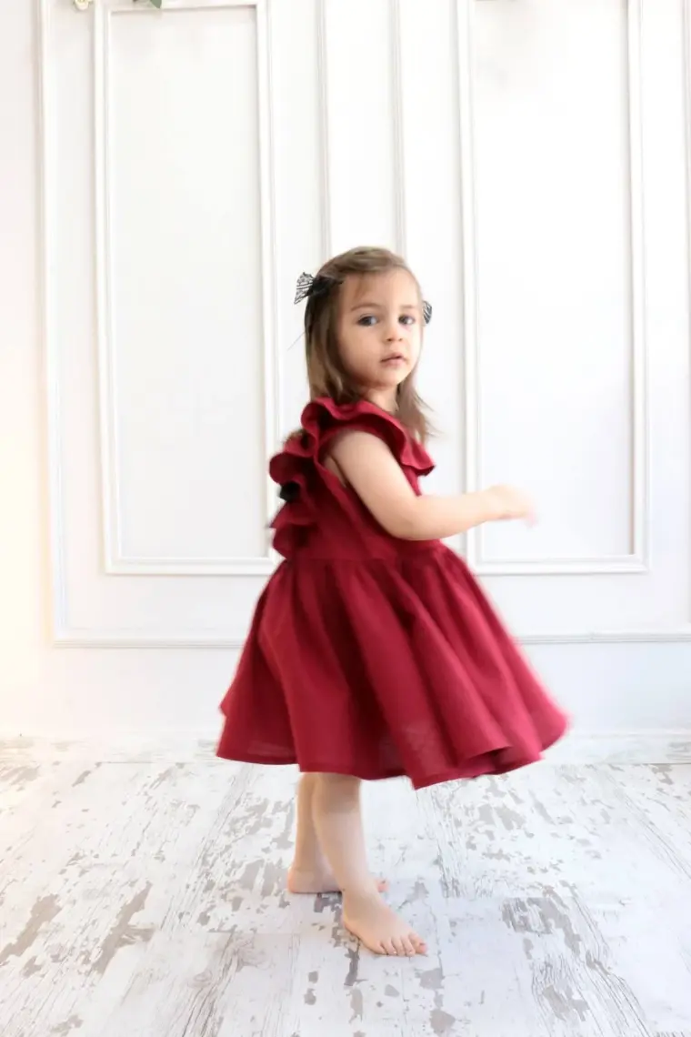 Parla Kids Kız Çocuk Bordo Cherry Fiyonklu Fırfırlı Keten Elbise Toka Takım
