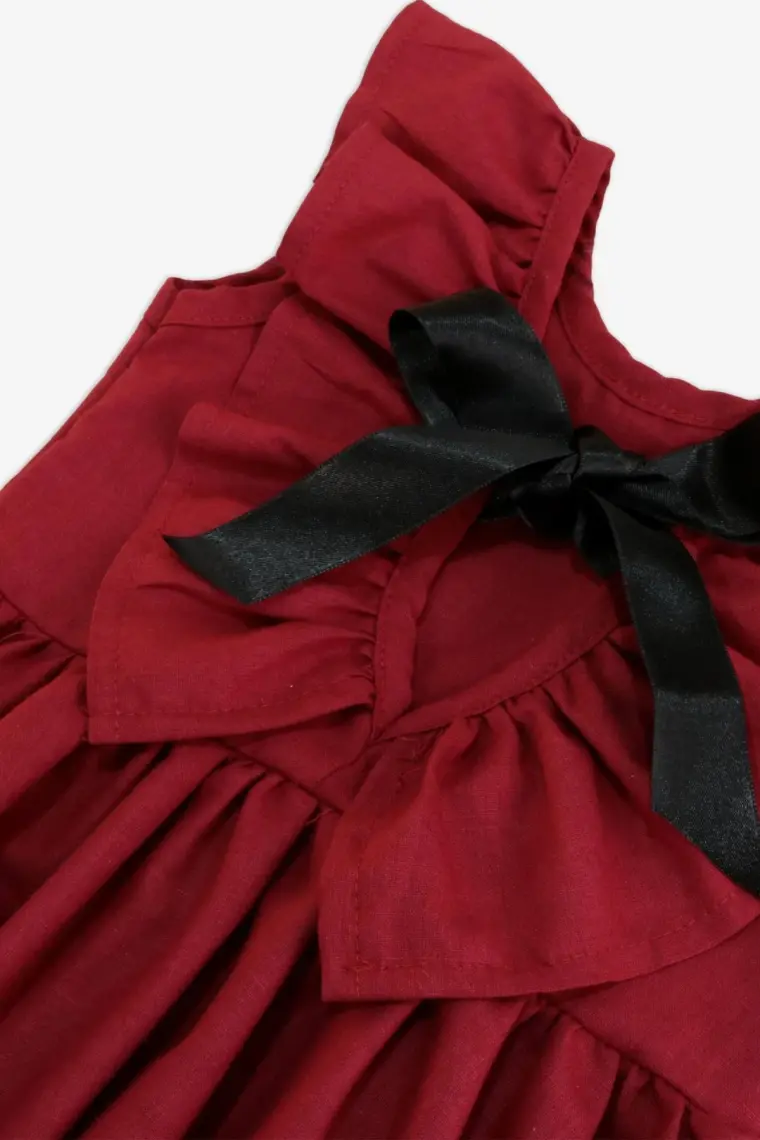 Parla Kids Kız Çocuk Bordo Cherry Fiyonklu Fırfırlı Keten Elbise Toka Takım