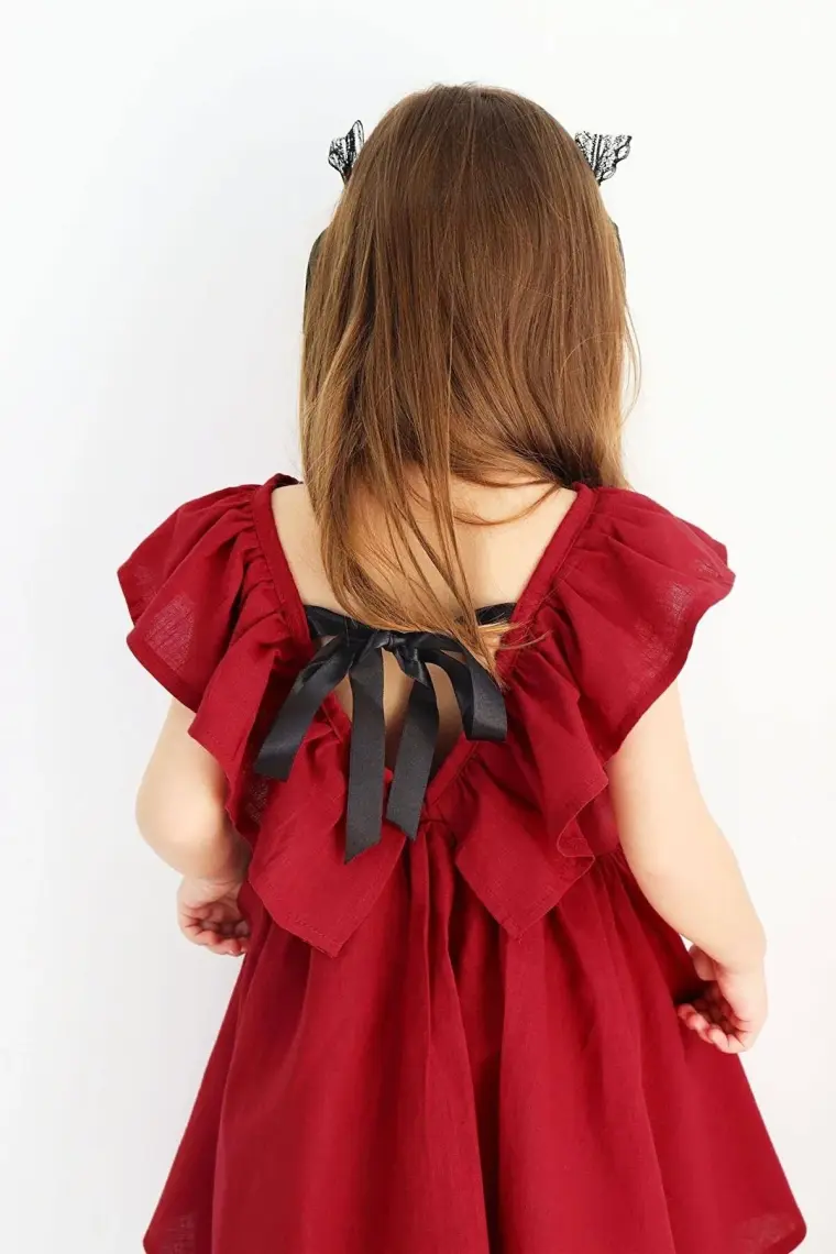 Parla Kids Kız Çocuk Bordo Cherry Fiyonklu Fırfırlı Keten Elbise Toka Takım