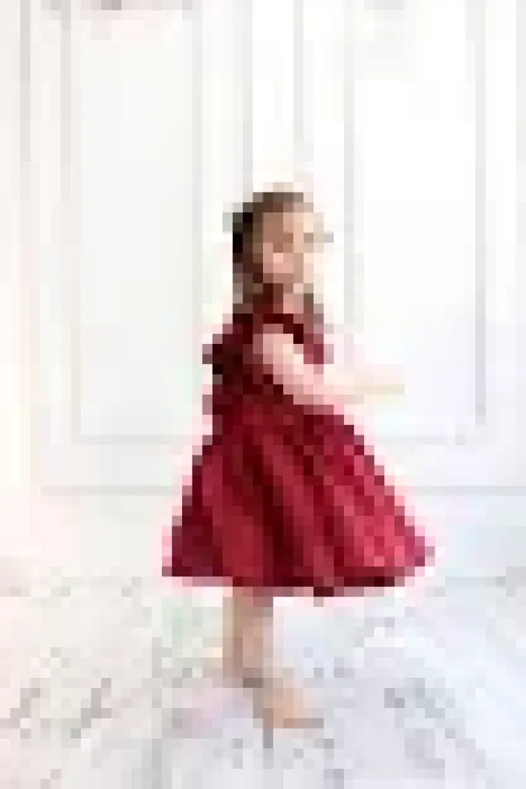 Parla Kids Kız Çocuk Bordo Cherry Fiyonklu Fırfırlı Keten Elbise Toka Takım