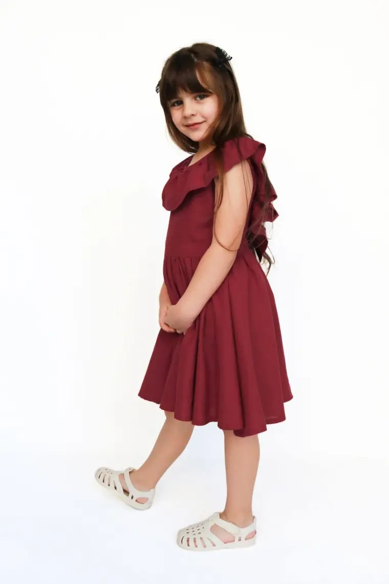 Parla Kids Kız Çocuk Bordo Cherry Fiyonklu Fırfırlı Keten Elbise Toka Takım
