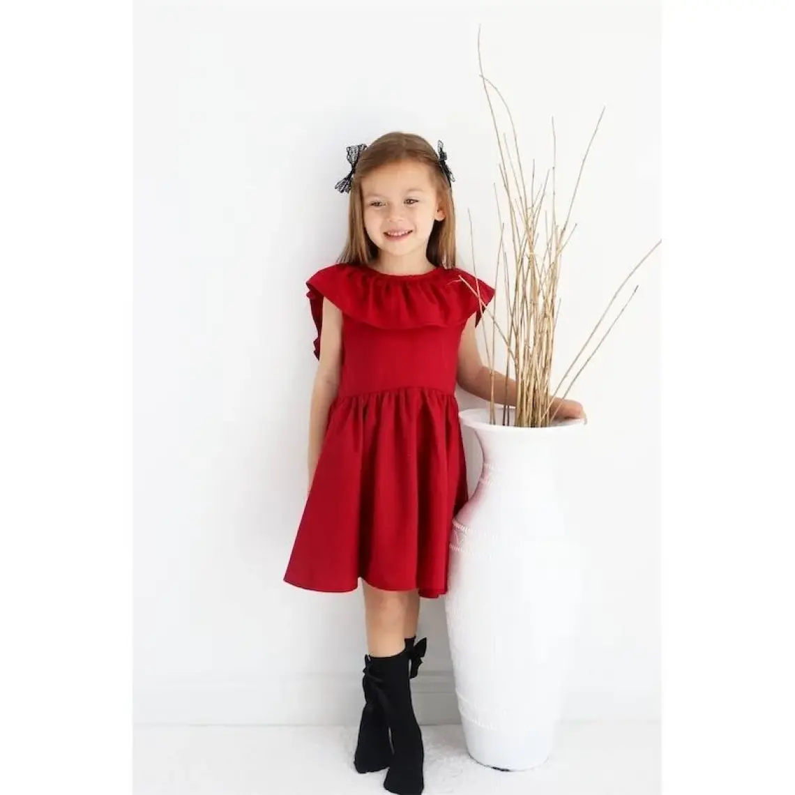 Parla Kids Kız Çocuk Bordo Cherry Fiyonklu Fırfırlı Keten Elbise Toka Takım