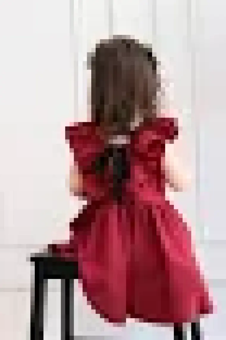 Parla Kids Kız Çocuk Bordo Cherry Fiyonklu Fırfırlı Keten Elbise Toka Takım