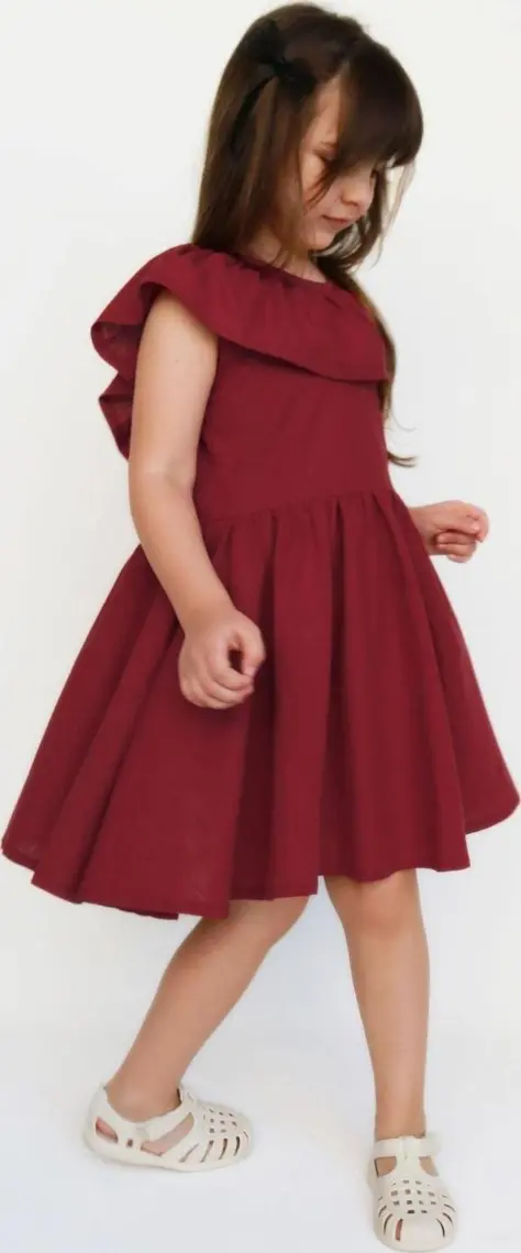 Parla Kids Kız Çocuk Bordo Cherry Fiyonklu Fırfırlı Keten Elbise Toka Takım