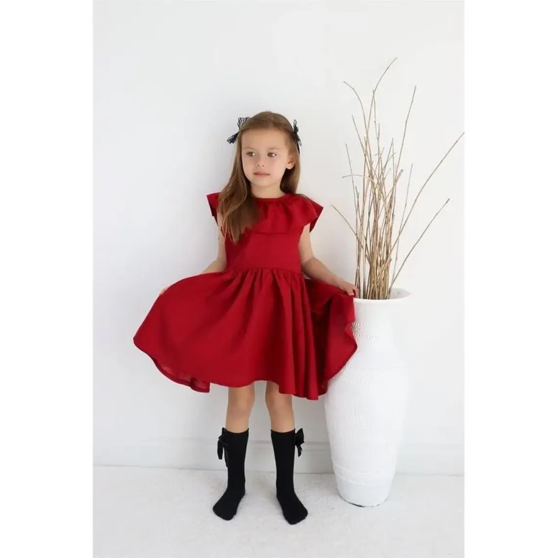 Parla Kids Kız Çocuk Bordo Cherry Fiyonklu Fırfırlı Keten Elbise Toka Takım