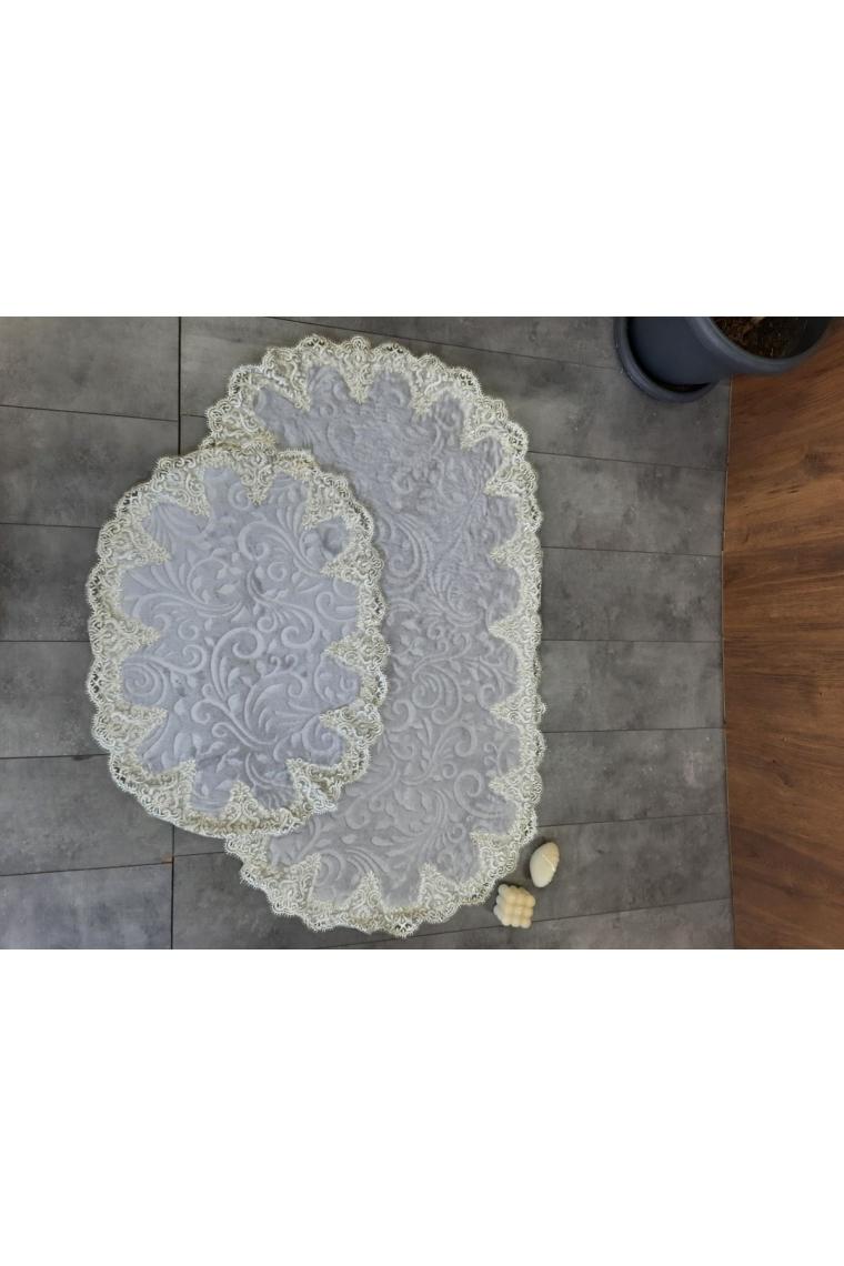 Peluş Lux Oval Gri 2'li Çeyizlik Fransız Güpürlü Klozet Takımı Banyo Paspası Seti