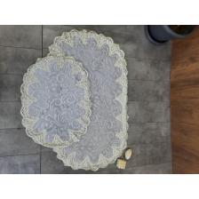 Peluş Lux Oval Gri 2'li Çeyizlik Fransız Güpürlü Klozet Takımı Banyo Paspası Seti