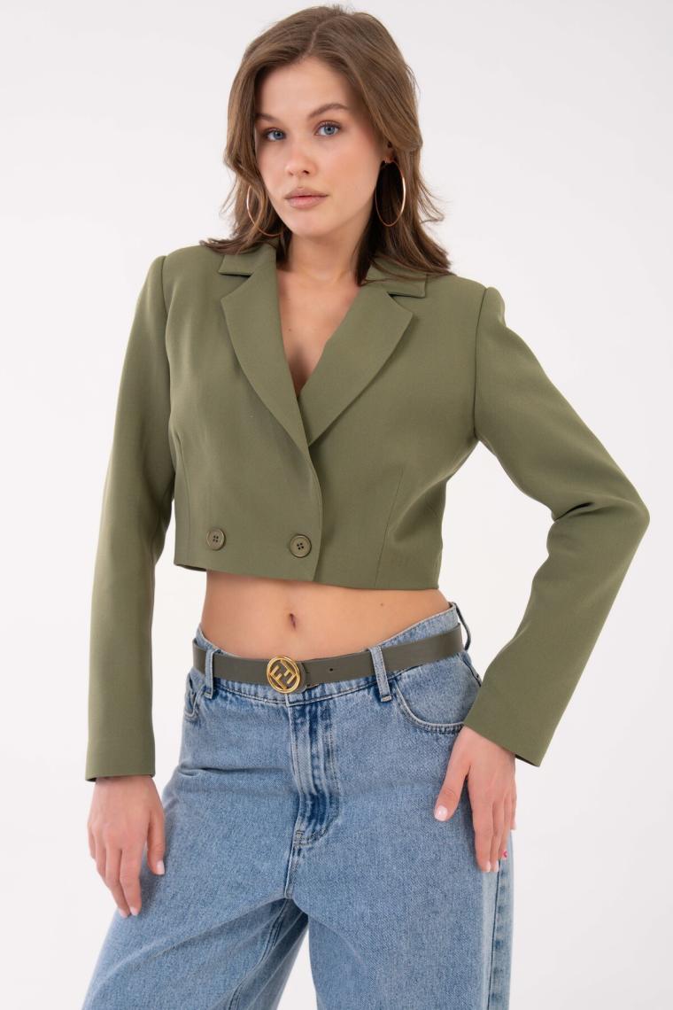 Saade Haki Kruvaze Crop Blazer Ceket