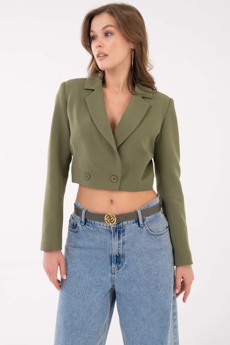 Saade Haki Kruvaze Crop Blazer Ceket