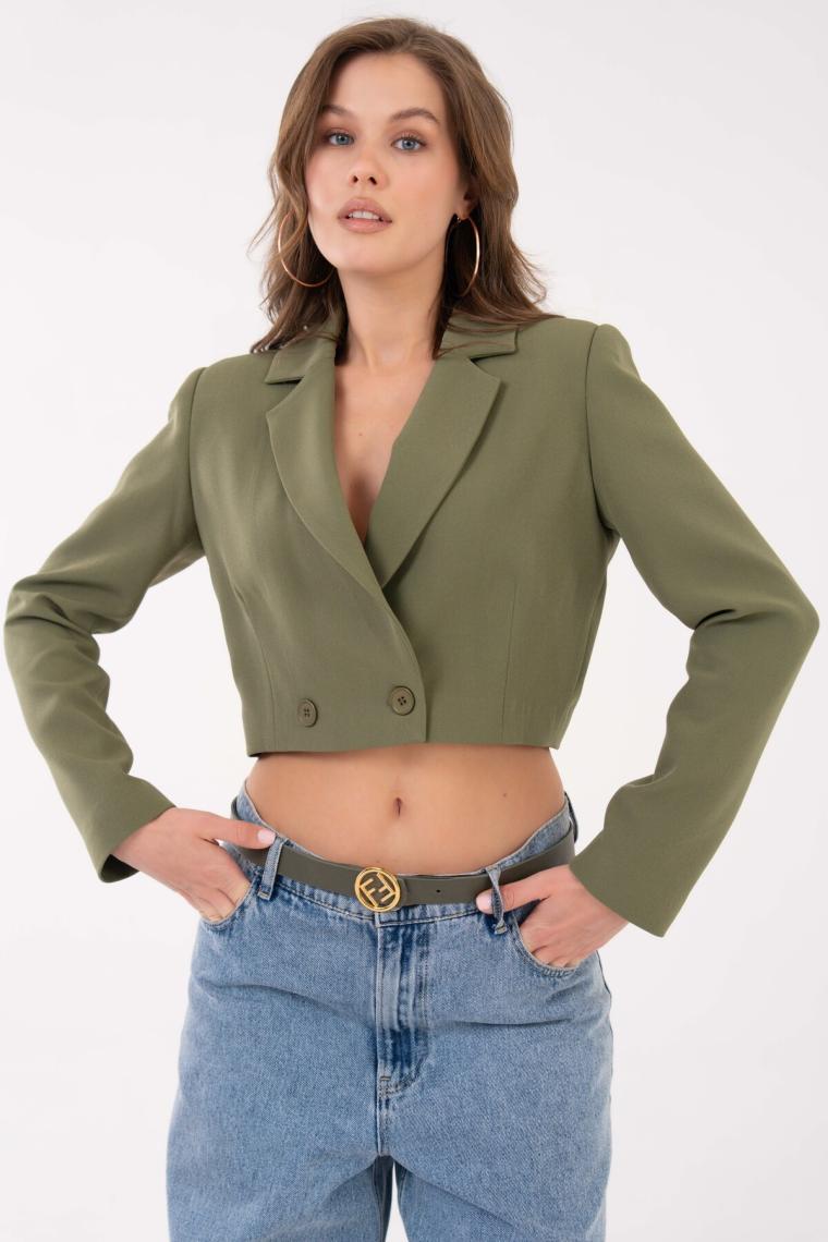 Saade Haki Kruvaze Crop Blazer Ceket