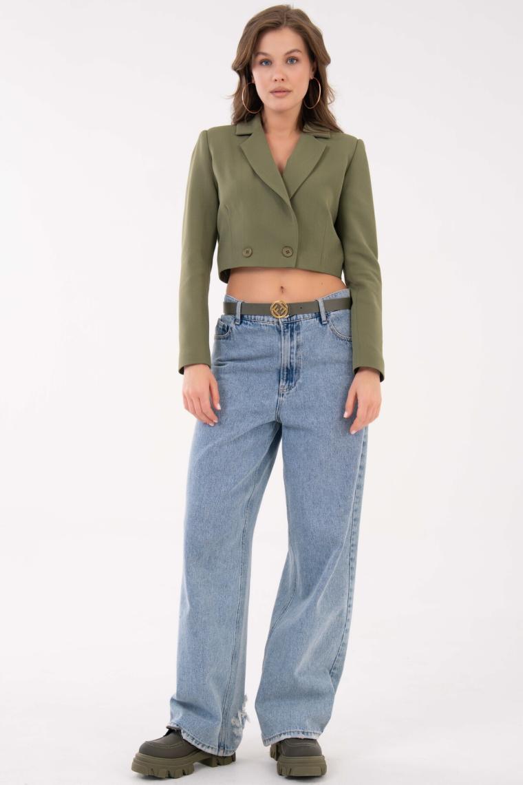 Saade Haki Kruvaze Crop Blazer Ceket