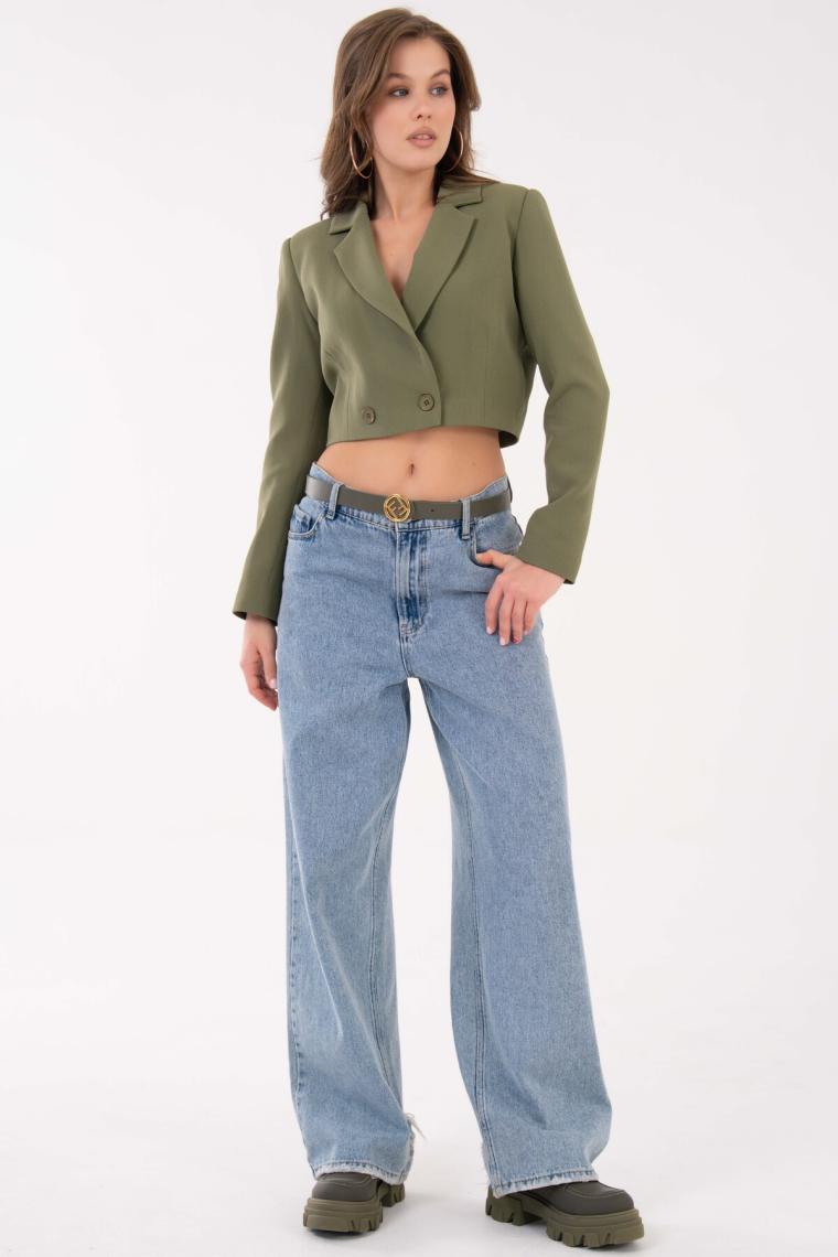 Saade Haki Kruvaze Crop Blazer Ceket