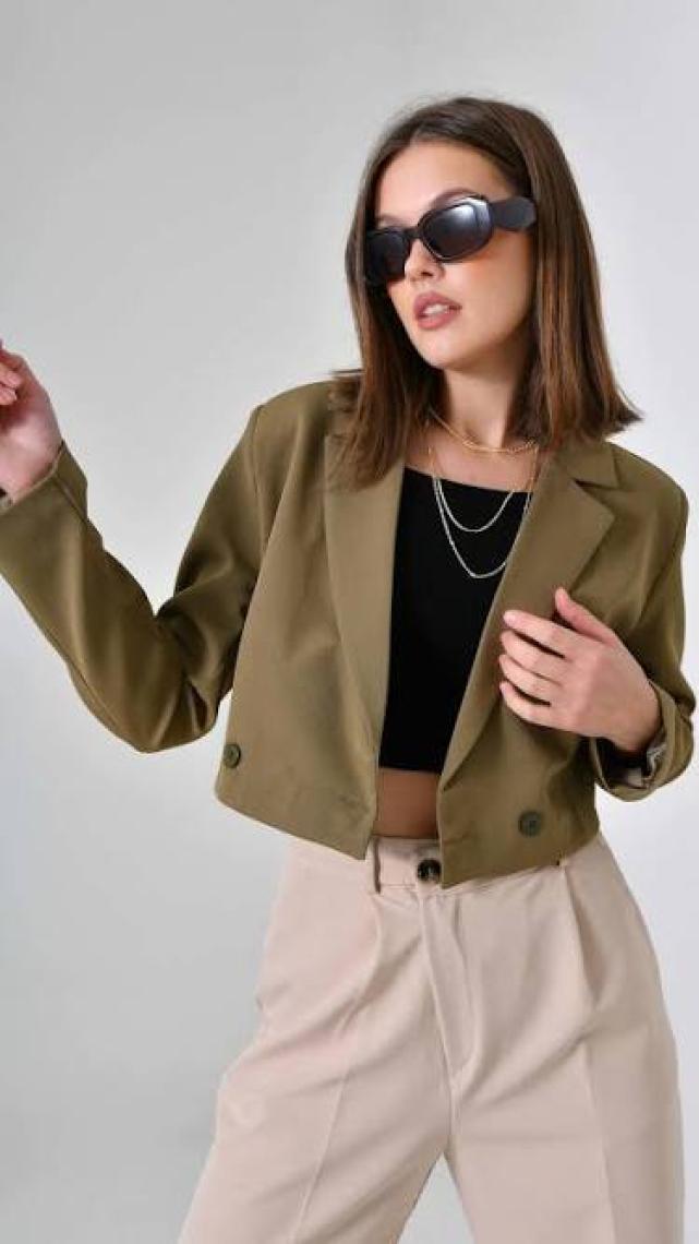 Saade Haki Kruvaze Crop Blazer Ceket