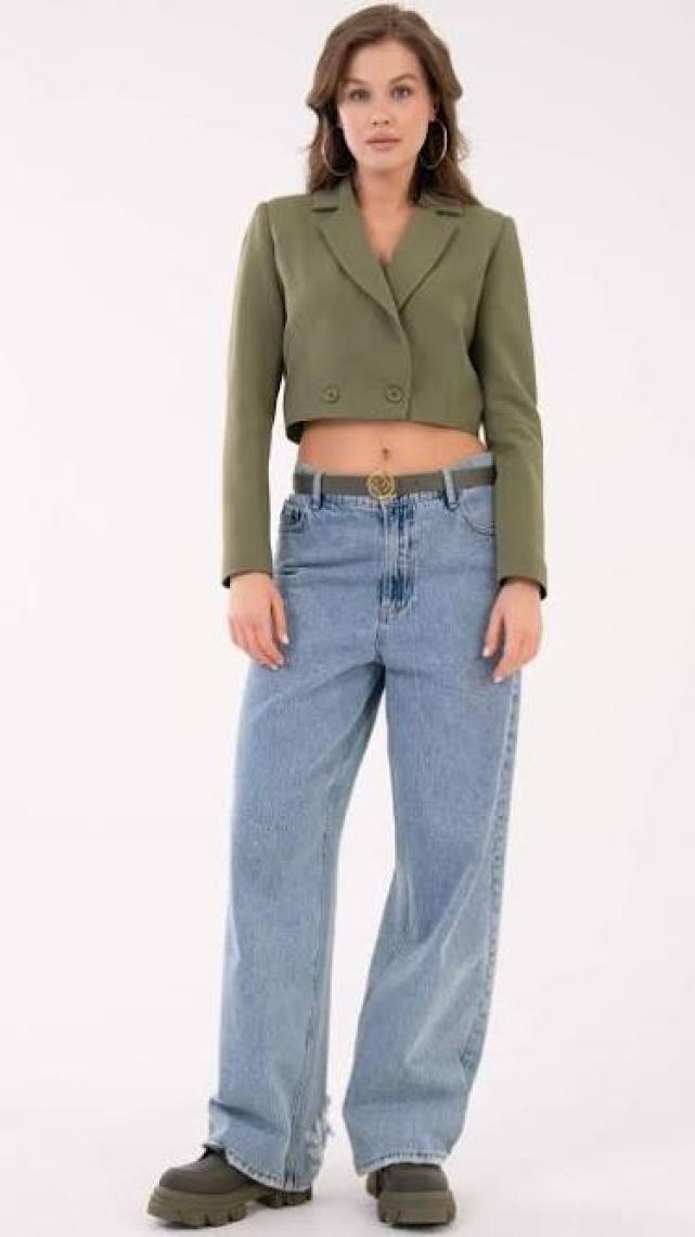 Saade Haki Kruvaze Crop Blazer Ceket