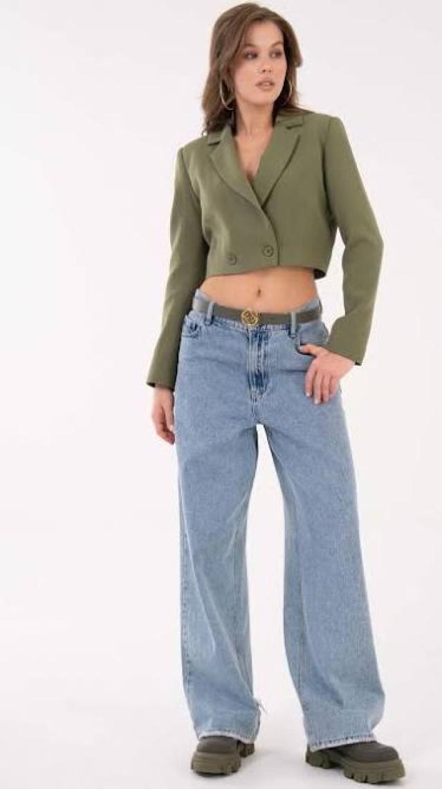 Saade Haki Kruvaze Crop Blazer Ceket