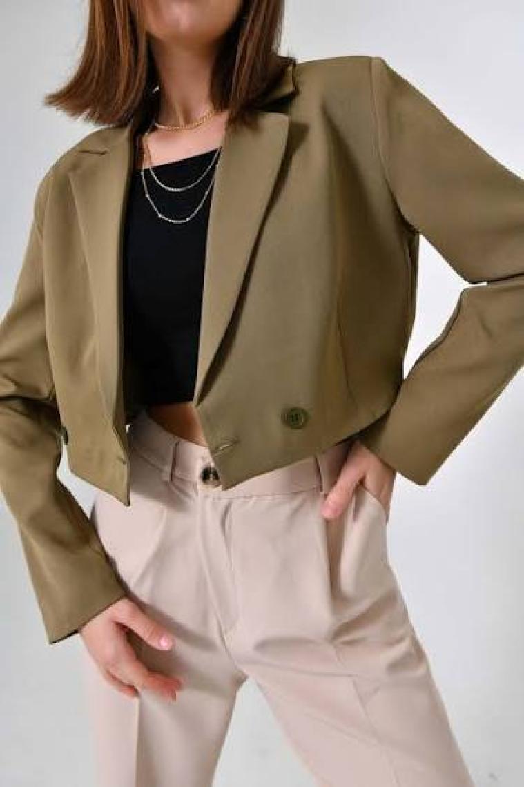 Saade Haki Kruvaze Crop Blazer Ceket