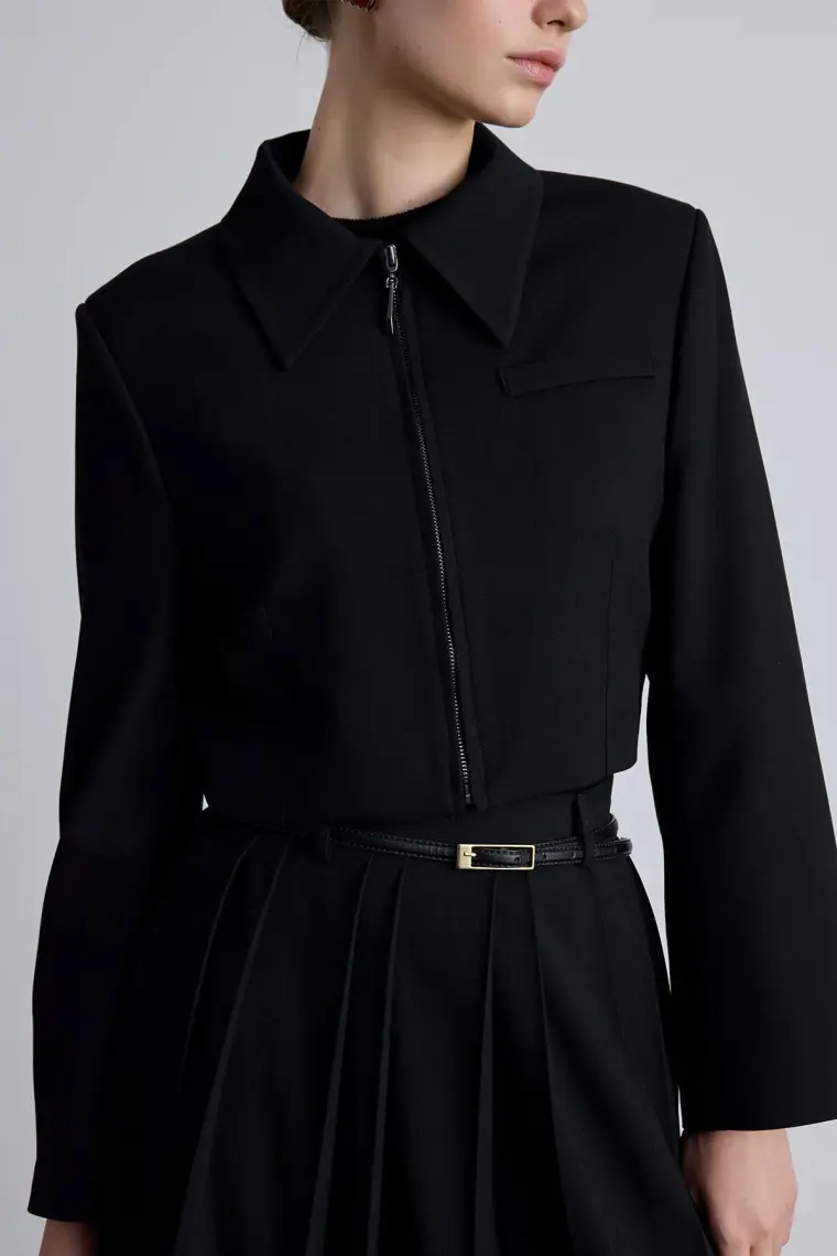 Manuka Klasik Kesim Crop Blazer Ceket Siyah