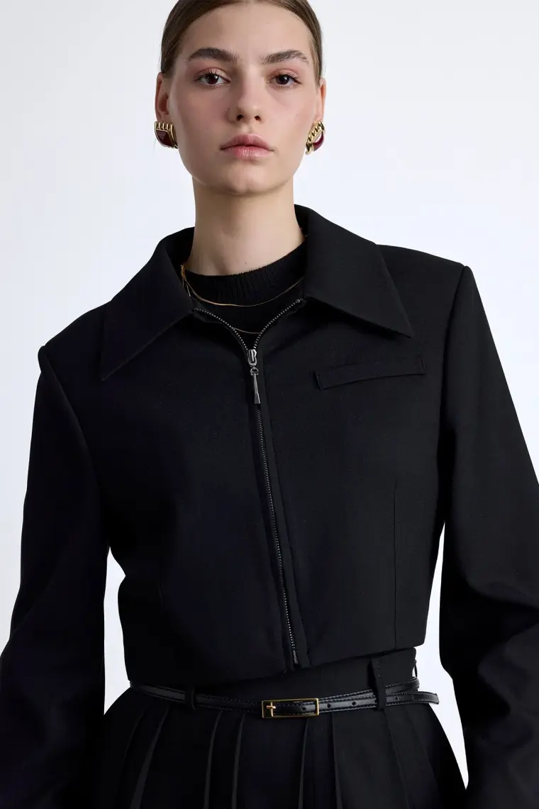 Manuka Klasik Kesim Crop Blazer Ceket Siyah
