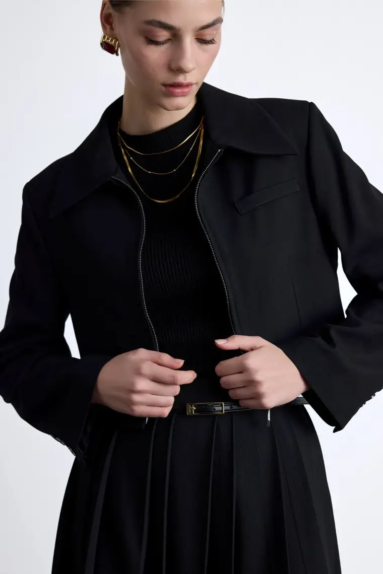 Manuka Klasik Kesim Crop Blazer Ceket Siyah