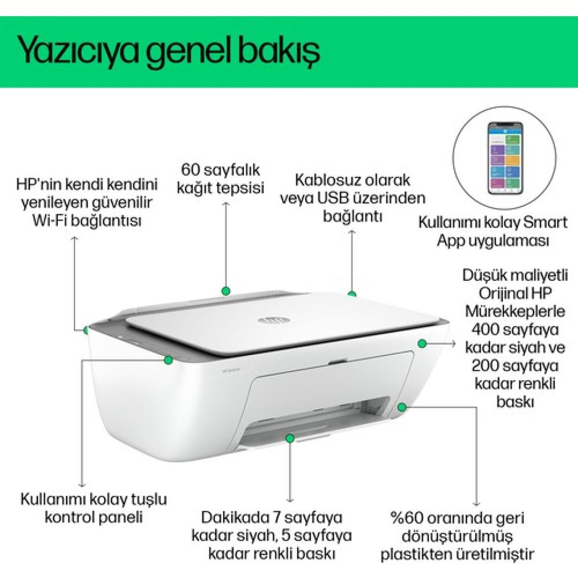 HP DeskJet Ink Advantage 2876 Kablosuz All-in-One Renkli Yazıcı, Fotokopi Makinesi, Tarayıcı, 6W7E6C