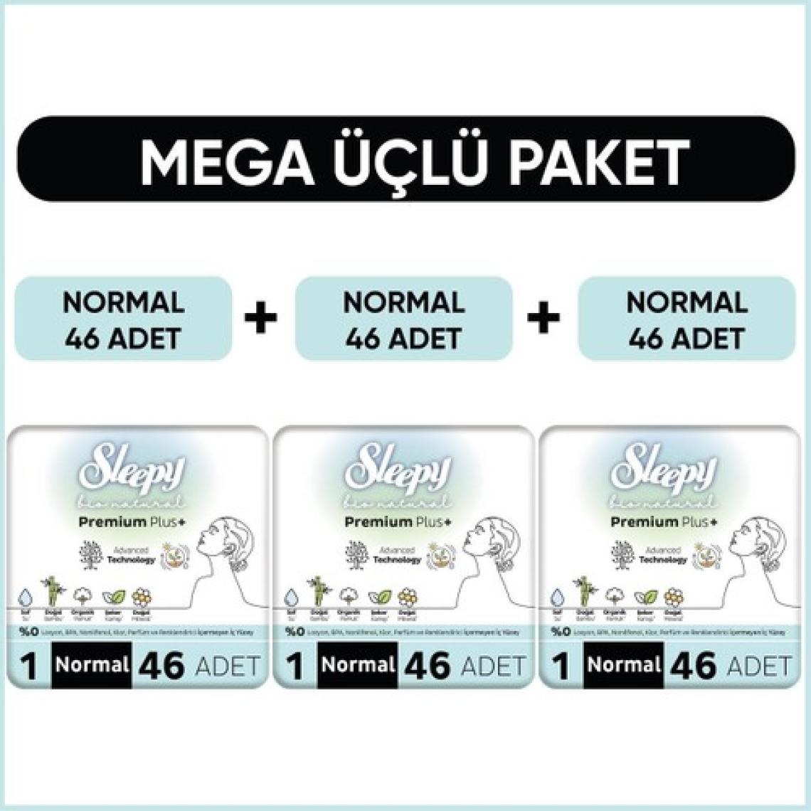 Sleepy Bio Natural Premium Plus Hijyenik Ped Mega Paket Normal 46X3 (138 Adet)