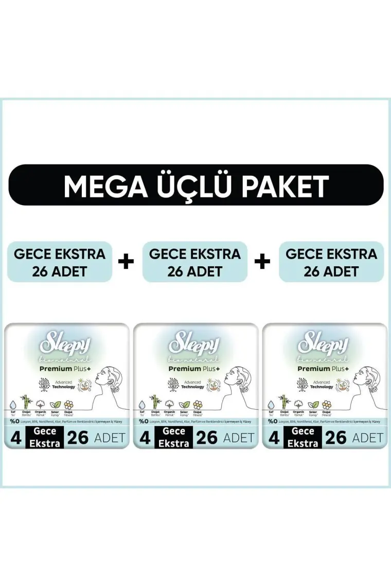 Sleepy Bio Natural Premium Plus Hijyenik Ped Mega Paket Gece Extra 26 Adet