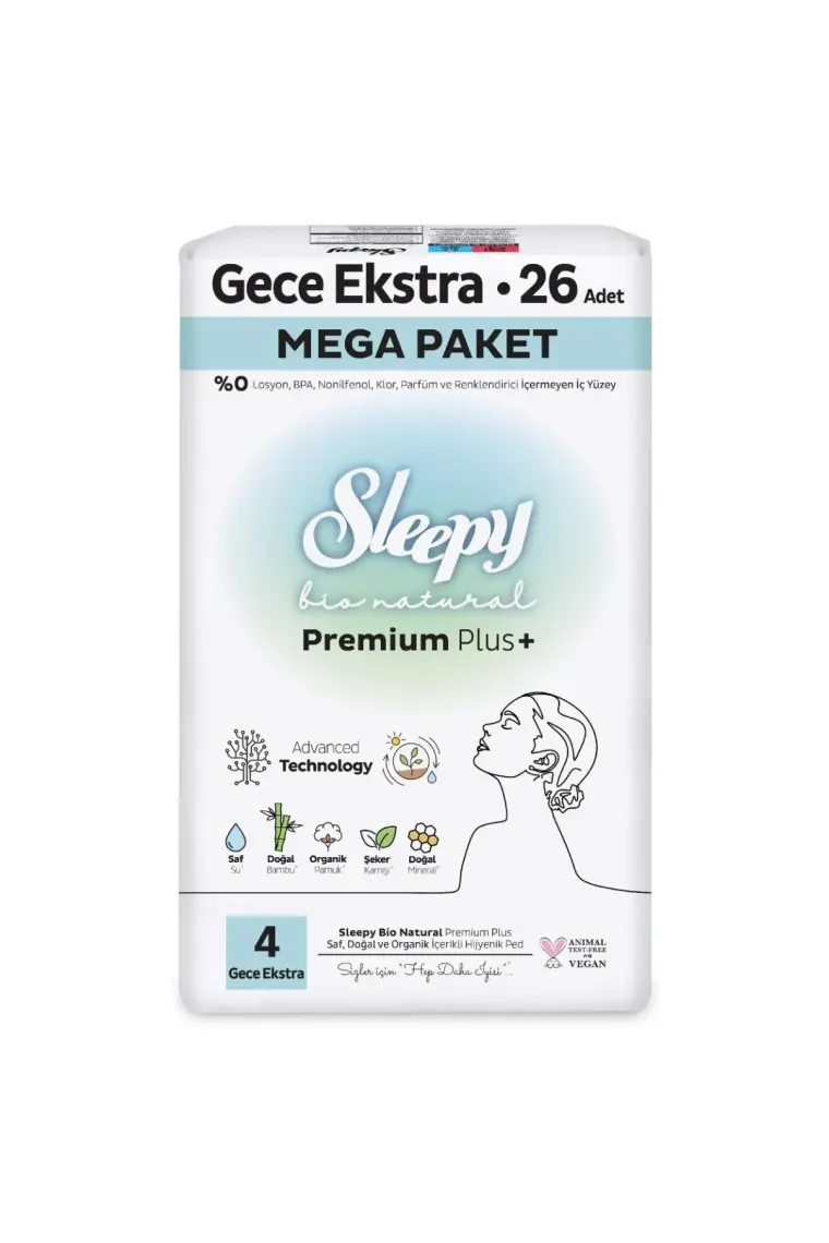 Sleepy Bio Natural Premium Plus Hijyenik Ped Mega Paket Gece Extra 26 Adet