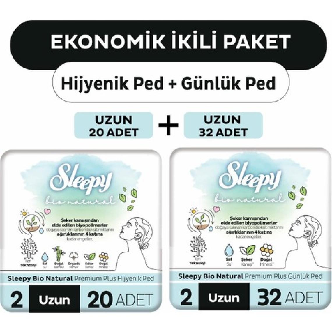 Sleepy Ekonomik Ikili Paket (Bio Natural Premium Plus Hijyenik Ped Uzun 20'li + Günlük Ped Uzun 32'li)