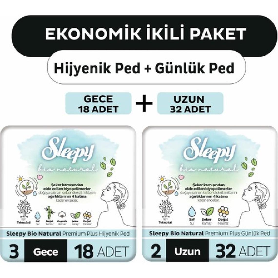 Sleepy Ekonomik Ikili Paket (Bio Natural Premium Plus Hijyenik Ped Gece 18'li + Günlük Ped Uzun 32'li)