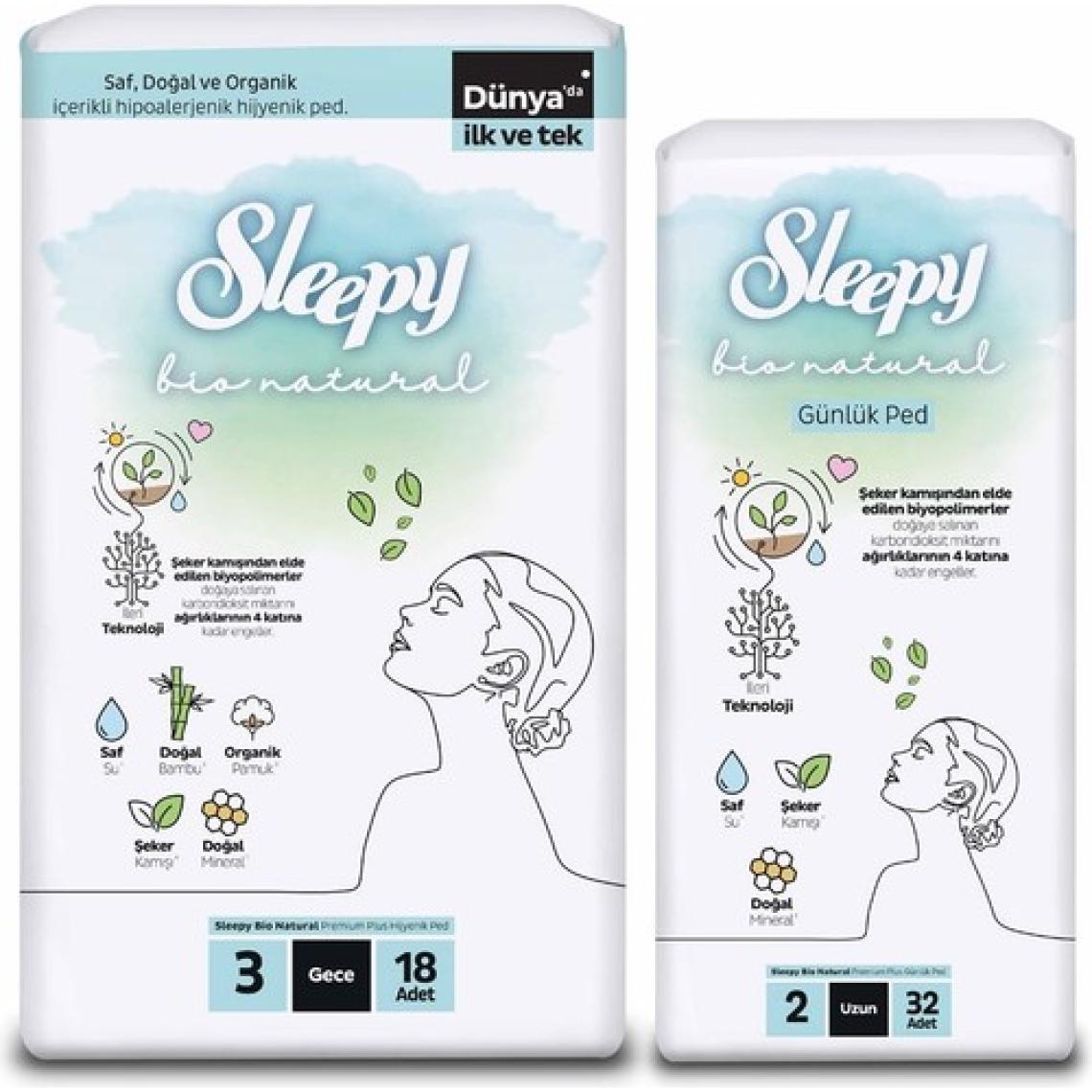 Sleepy Ekonomik Ikili Paket (Bio Natural Premium Plus Hijyenik Ped Gece 18'li + Günlük Ped Uzun 32'li)
